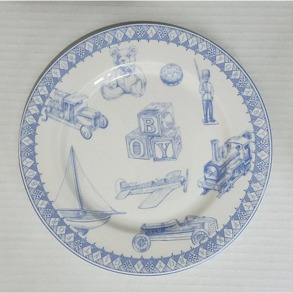Queen's Porcelain Plate and Bowl Set for Boys White Blue Boys' Toys Pattern